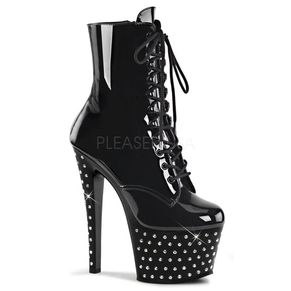 7" Heel, 2 3/4" RS Studded PF Lace-Up Ankle Boot, Side Zip - Blk/Blk, 6