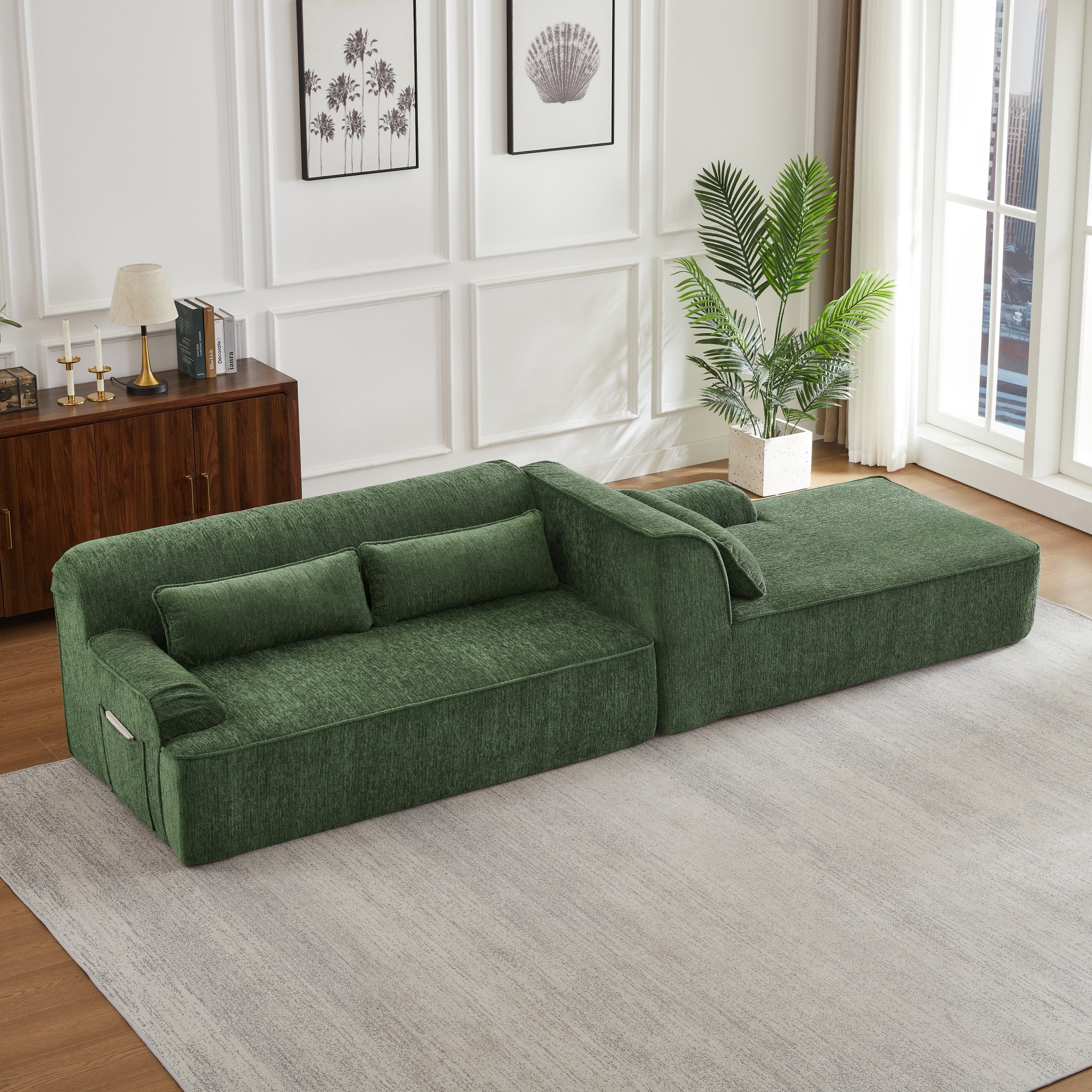 Aukfa 2-Piece Modular Chenille Sectional Sofa, 26.5" Deep Seat, No Assembly, Right Chaise, Green