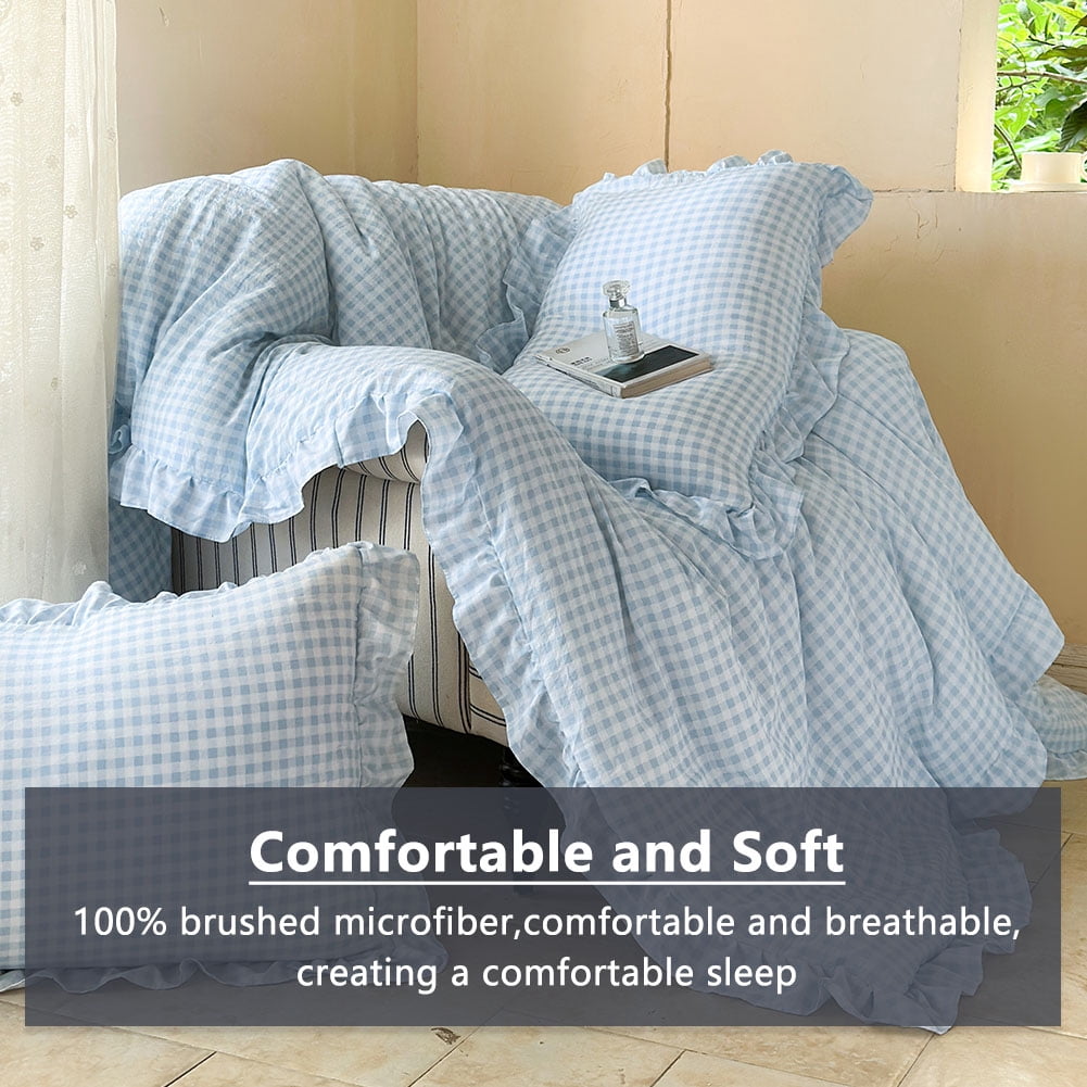 Light Blue Gingham Ruffle Queen Comforter Set, Blue Ruffled Plaid Bedding Set, Ruffled Checked Bed Comforter 3 Pieces(Light Blue Gingham, Queen)