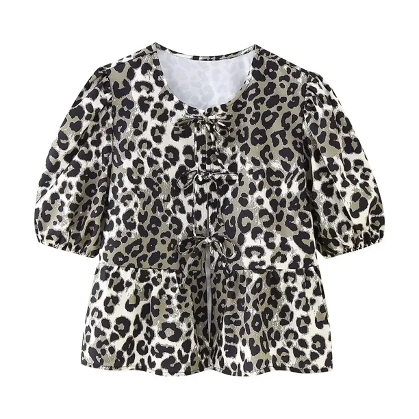 Camisa de leopardo para mujer, Top corto de verano, Blusa de manga abullonada con cierre de cordones, ropa nueva