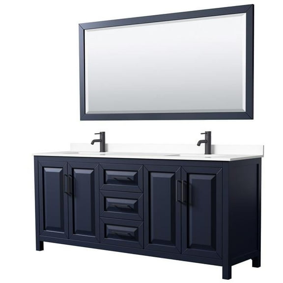 0.75 x 80 x 22 in. Daria Double Bathroom Vanity with White Cultured Marble Countertop, Undermount Square Sink Matte Black Trim & 70 in. Mirror, Dark Blue
