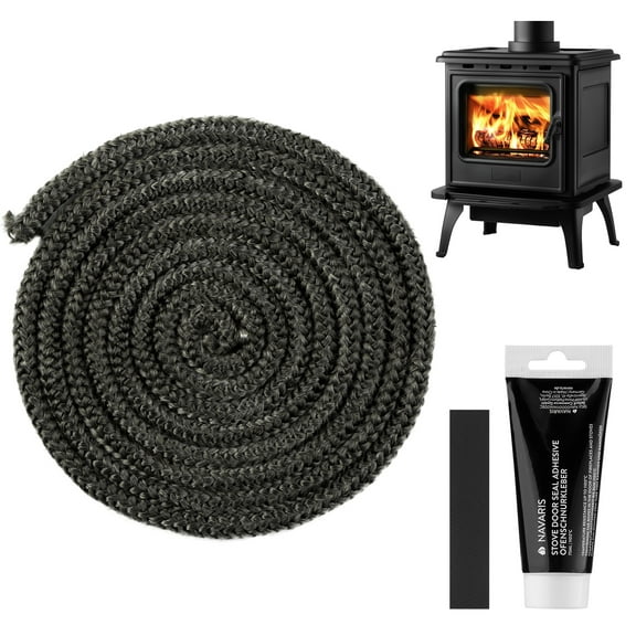 Navaris Log Burner Rope Seal - Stove Sealing Cord - Replacement Sealer For Smoker Fire Log Wood Burning - 3 m long (9'10") - 10 mm (3/8") Diameter - with Adhesive Glue and End Tape