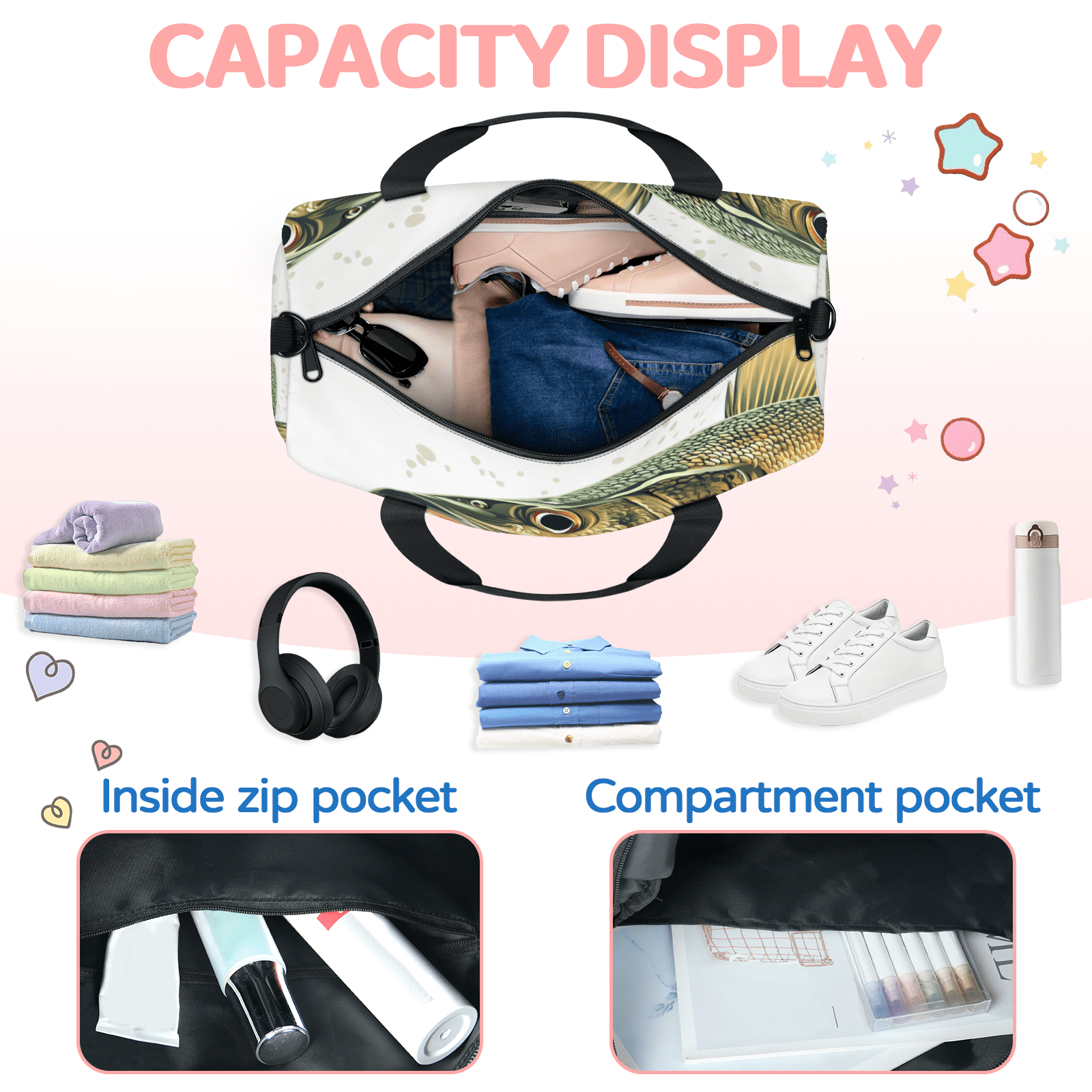 Herdesigns Fish Gym Bag for Women, Funny Fishes Duffle Bag for Travel Sport, Lightweight Waterproof Carry on Weekender Overnight Dance Yoga Workout Bags