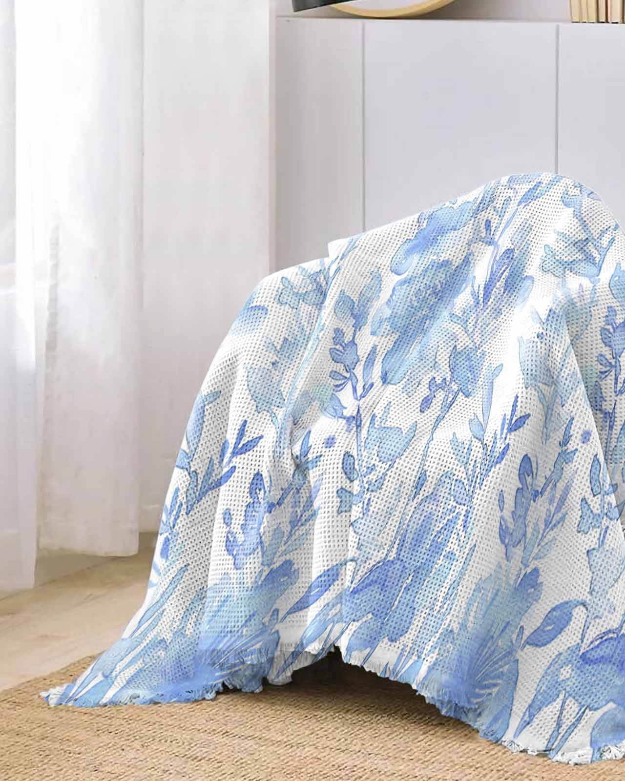 Blue Botanical Sofa Couch Covers for Dog,Washable Sofa Throw Cover Single Slipcoverfor Armchair with Tassels,Retro Ink Floral Flower Modern Minimalist Couch Protector Towel Blanket Medium 71x91