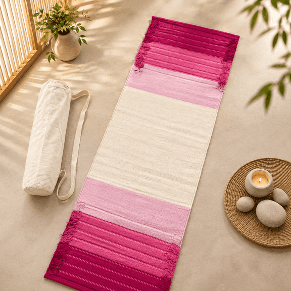 Pink & Cream Woven Yoga Mat with Fringed Borders – Decorative Exercise & Meditation Mat
