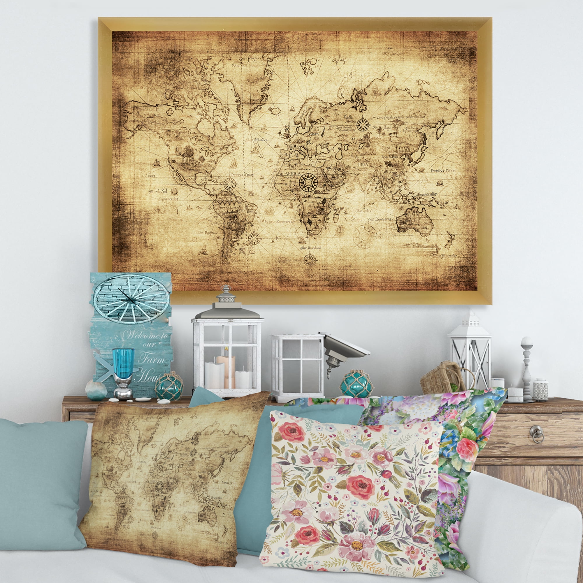 Designart 'Ancient World Map IV' Vintage Framed Art Print