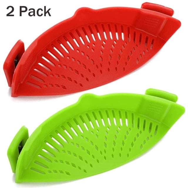 Strainer, 2 PACK Silicone Food Strainers Heat Resistant Clip On Strain Strainer Rice Colander Kitchen Gadgets Drainer Hands-Free For Pasta, Spaghetti, Ground Beef(Green+Red)