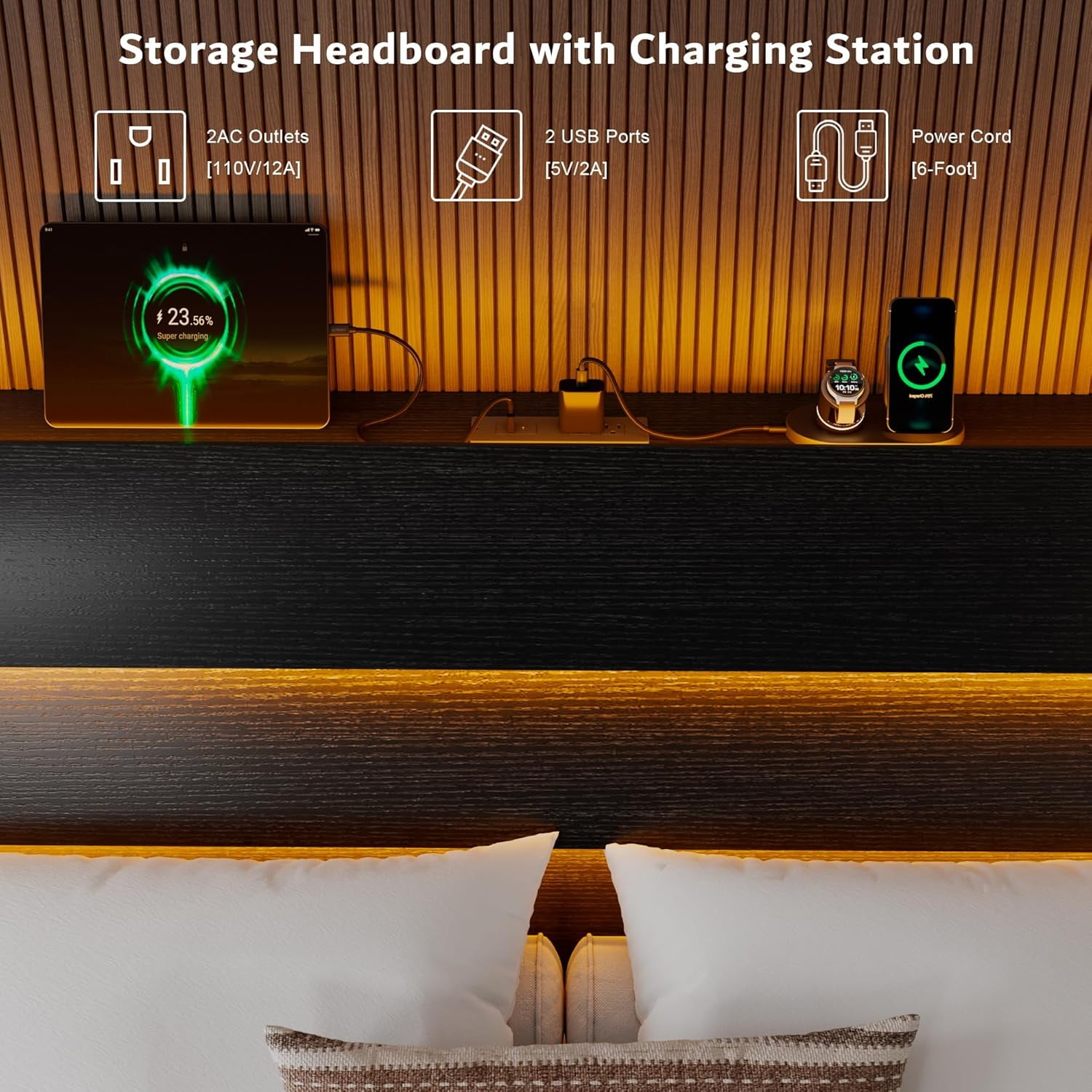 Honfach Floating Full Size Bed Frame with LED Lights & Charging Station, Platform Bed with Wooden Storage Headboard, Black.