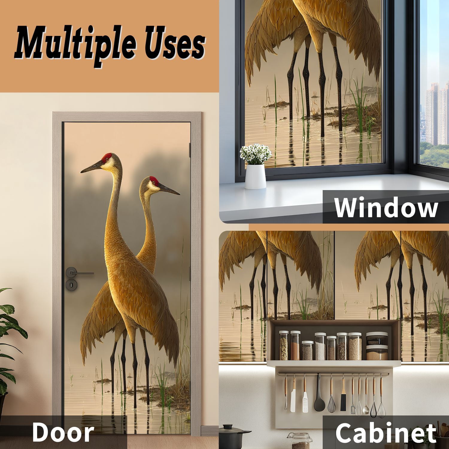 Self Adhesive Vinyl Refrigerator Wrap Set pair sandhill cranes water sunset lake Door Mural Removable Fridge Sticker Peel and Stick&nbsp;Full Door Cover Decal Kitchen Bar Decor