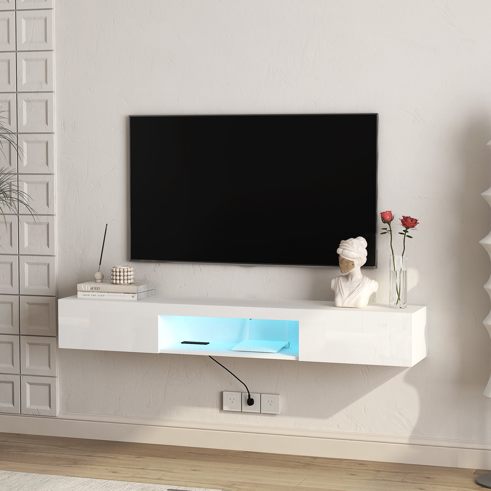 BaPiPro 63-Inch Wide Floating TV Stand with 16-Color LED Lighting, Wall-Mounted Media Console with USB Power Strip and Cable Management, White