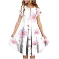 thumbnail image 1 of Vestido de verano para niña, de manga corta, con cuello redondo y estampado floral, de poliéster, con bolsillos y volantes., 1 of 5