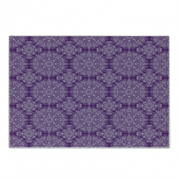 Purple Mandala Cutting Board, Classic Style Victorian Swirled Floral Branches with Effects Design, Decorative Tempered Glass Cutting and Serving Board, Small Size, White Purple, by Ambesonne