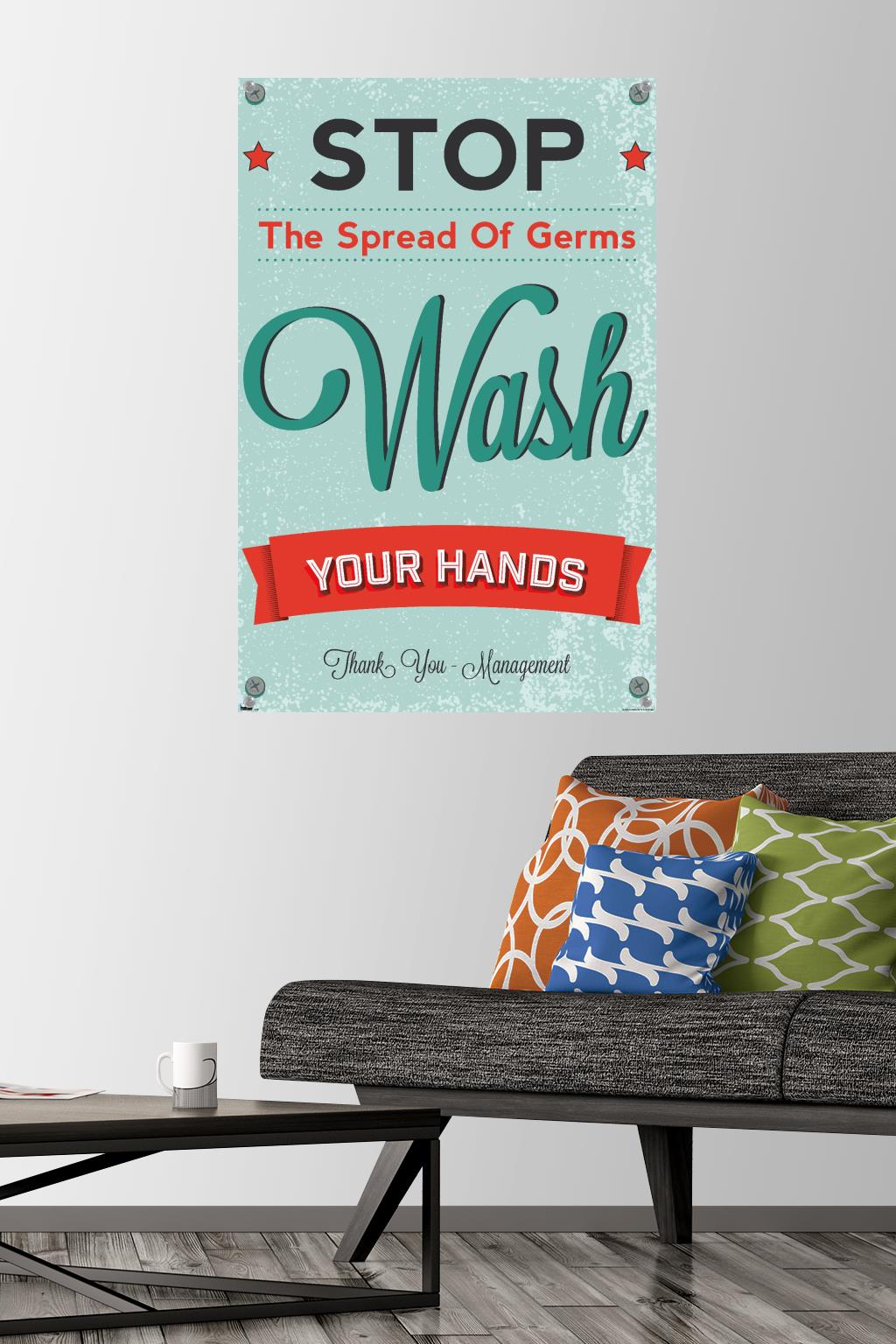 Stop The Spread of Germs - Wash Your Hands Wall Poster with Push Pins, 22.375" x 34"
