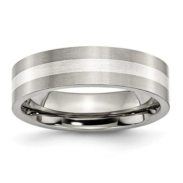 6 mm Titanium Sterling Silver Inlay Flat Brushed Band, Size 12