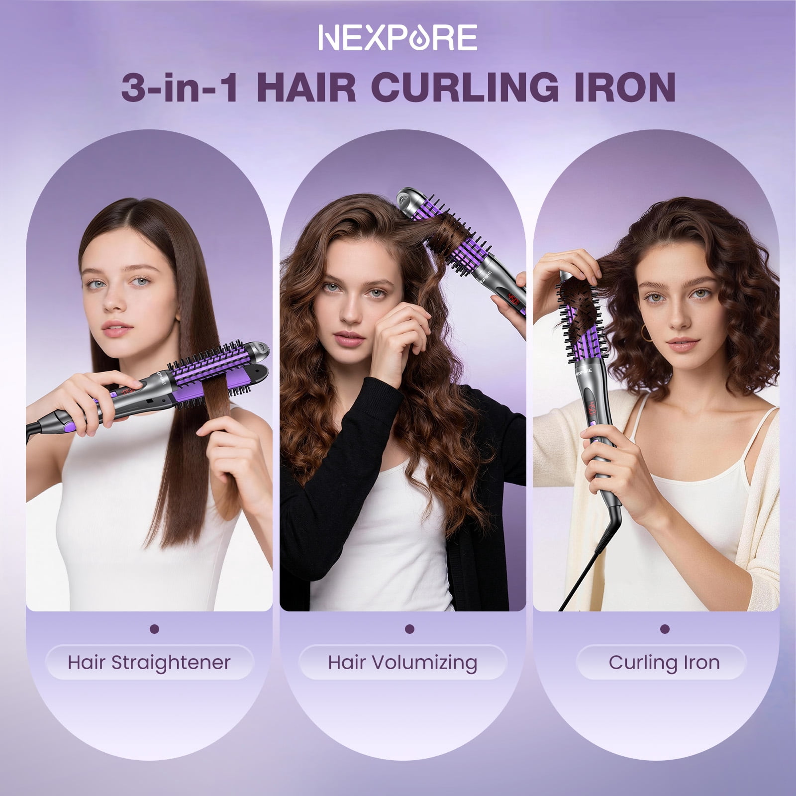 NEXPURE Curling Iron, Ionic Hair Curler Brush and Straightener 2 in 1 for All Hair Types, 30s Fast Heat, Purple