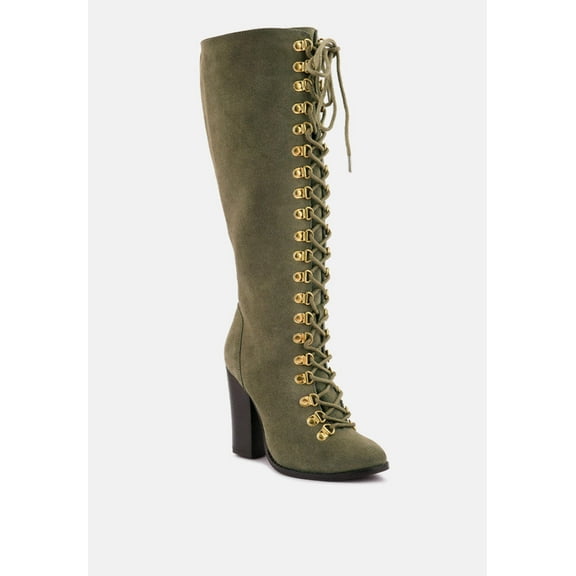 STREET-SLAY Antique Eyelets lace up Knee Boots In Olive