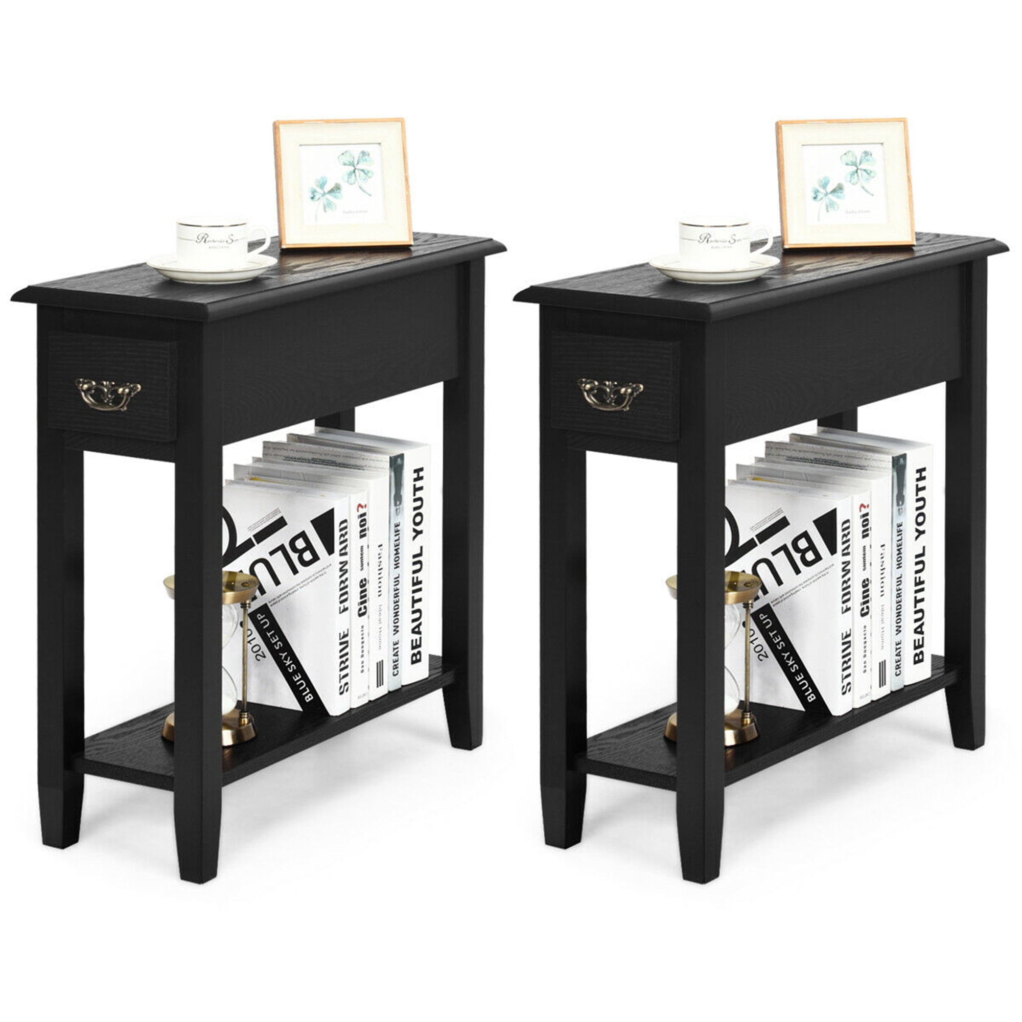 Gymax Set of 2 Nightstand 2-Tier Side Table End Bedside Sofa with Drawer & Shelf, Black