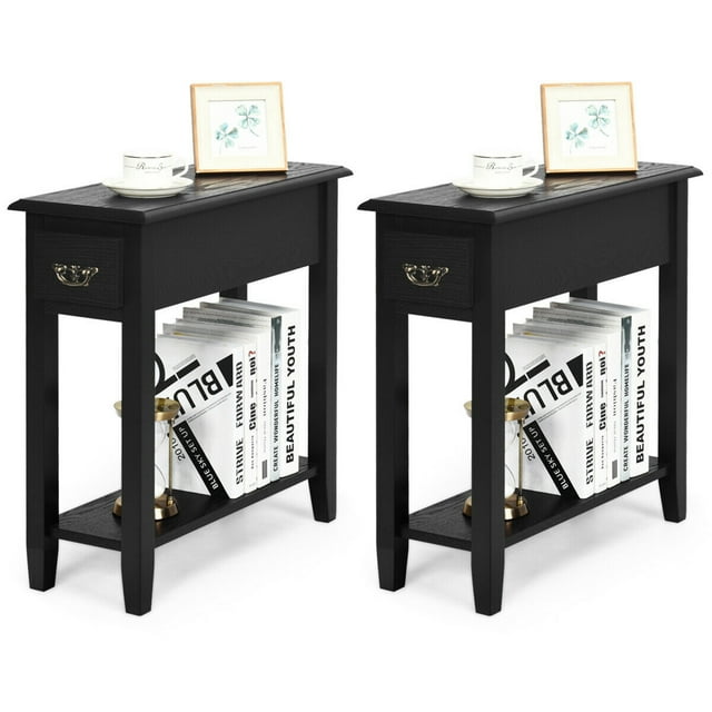 Gymax Ensemble de 2 Tables de Nuit à 2 Niveaux Table d'Extrémité de Chevet Table d'Appoint de Sofa avec Tiroir et Tablette Noir