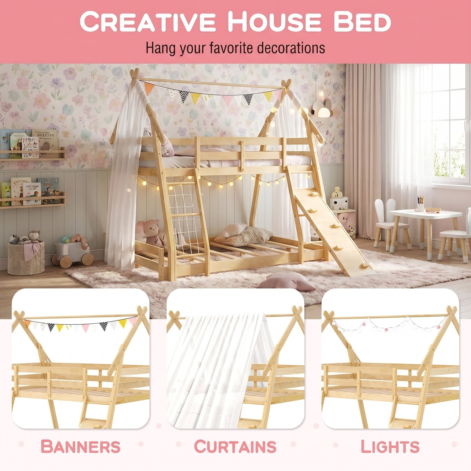 Furnibear Twin Over Queen Bunk Bed Wooden Kids Bed Frame with Climbing Nets Ramp and House Roof for Kids Bedroom, Natural