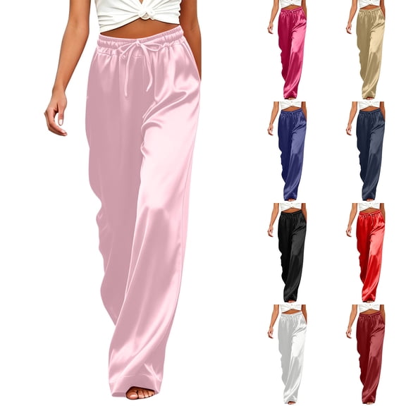 Women's Silk Satin Pajama Pants Longs Silky Sleep Pants Loungewear Trousers Elastic Waist Lounge Pj Bottoms Pink XL(XL)