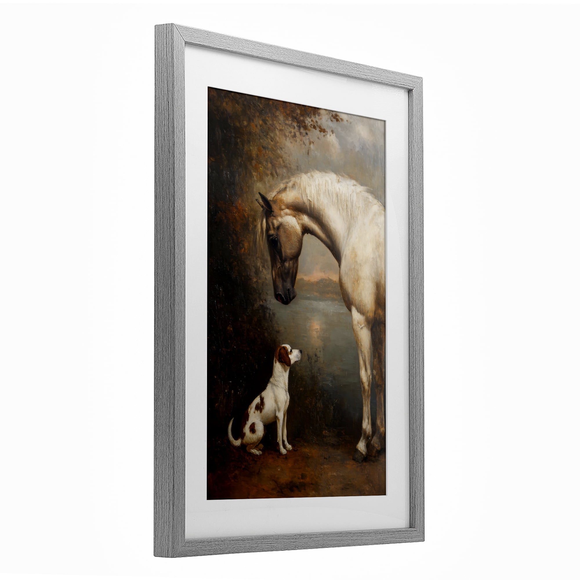 Stupell Industries Hound & Horse Vintage View Gray Framed Print Under Glass, design by Petal Prints Design