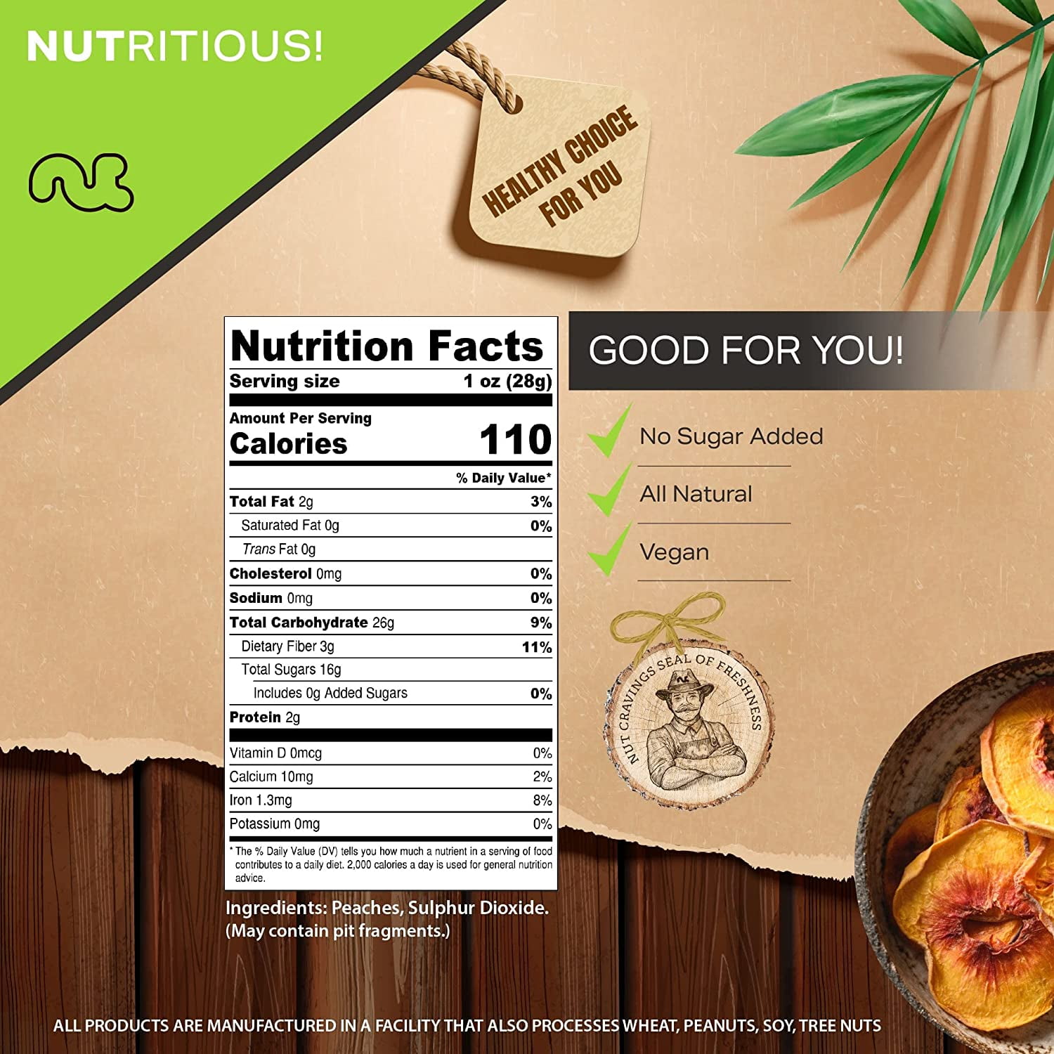 Nut Cravings Sun Dried California Peaches, No Sugar Added (32oz - 2 lbs)