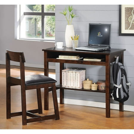 Faux Leather Desk - Vester 2-Piece Pack Desk and Chair, Espresso and Black Faux Leather