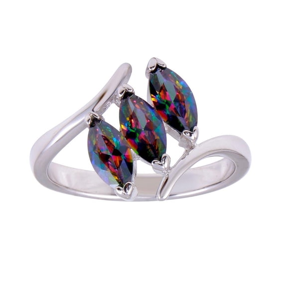 Rhodium Plated 925 Sterling Silver Oval Mystic Simulated Topaz Ring Band Black CZ Female Size 7
