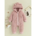 thumbnail image 2 of Wassery Baby Girls Winter Hooded Romper 3M 6M 9M 12M 18M Infant Girls Solid Color Long Sleeve Cartoon Plush Zipper Jumpsuit, 2 of 8