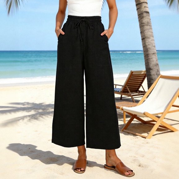 Juslio Linen Pants Women with Pockets Loose Elastic Waist Casual Comfortable High Waist Wide-Leg Pants