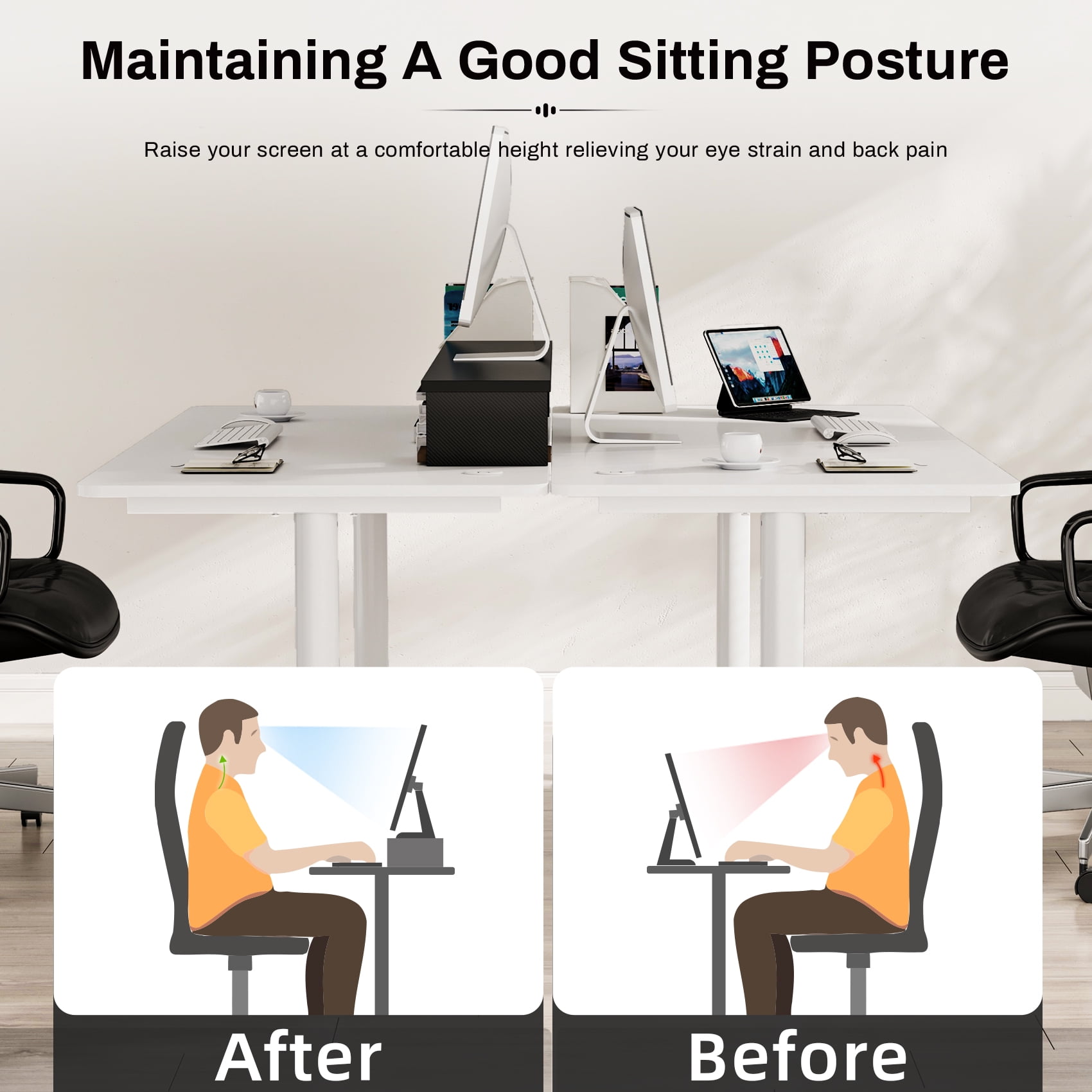 EUREKA ERGONOMIC Dual Monitor Stand - Adjustable Legs, Dual Monitor Riser, Carbon Fiber Computer Monitor Stand, Desktop Organizer, Monitor Stand Riser for PC, Computer, Laptop (Black)