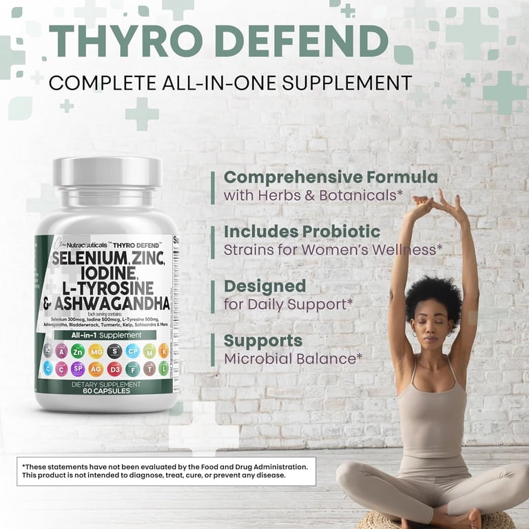Clean Nutraceuticals Thyroid Vitamins, Selenium 300mcg, Iodine 500mcg,  Zinc, Ashwagandha, 60 Capsules - Walmart.com