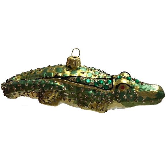 Green and Gold Jeweled Crocodile Polish Glass Christmas Ornament Animal Wildlife
