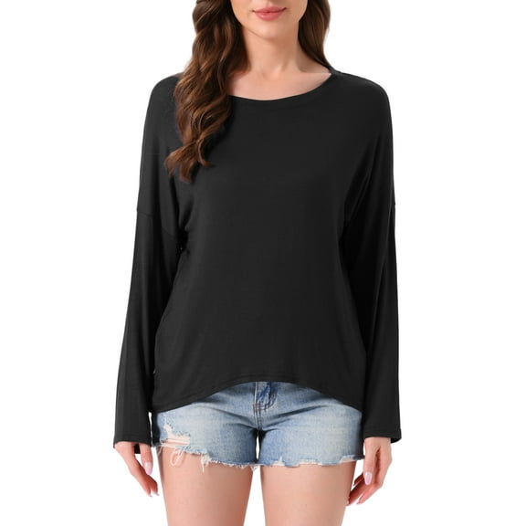 DARING DIVA Long Sleeve Oversized Round Neck Sleepwear Shirts S Black