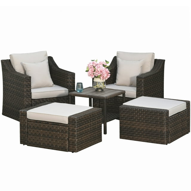 Outsunny Ensemble de Meubles de Patio 5 Pcs en Rotin d'Extérieur avec 2 Chaises Coussinées, 2 Ottomans et Table Basse, Housse de Coussin de Rechange Incluse, Beige