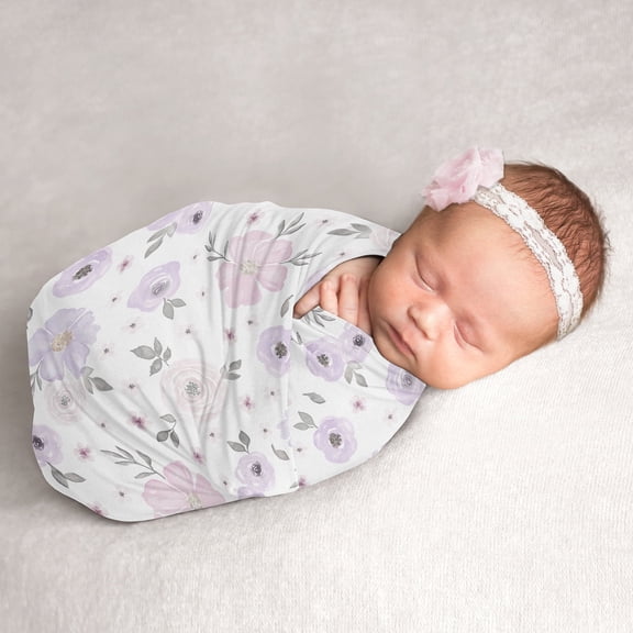 Sweet Jojo Designs Watercolor Floral Purple Grey and Pink Swaddle Blanket