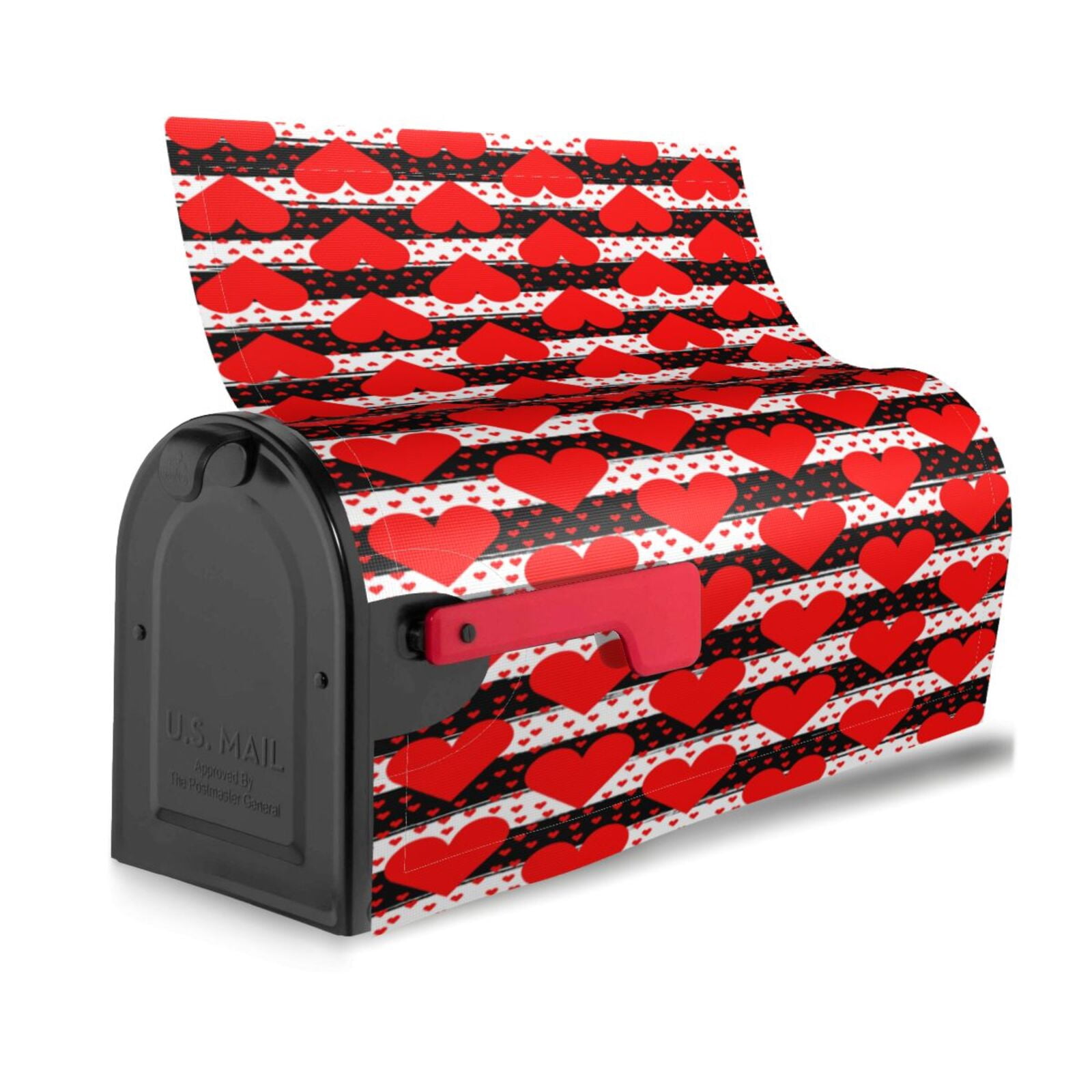 Xecao Black and white striped and red hearts for Mailbox Cover with Magnetic Strips, Waterproof and Sunscreen, Adds a Decorative Touch to Your Garden Yard-21x18 in