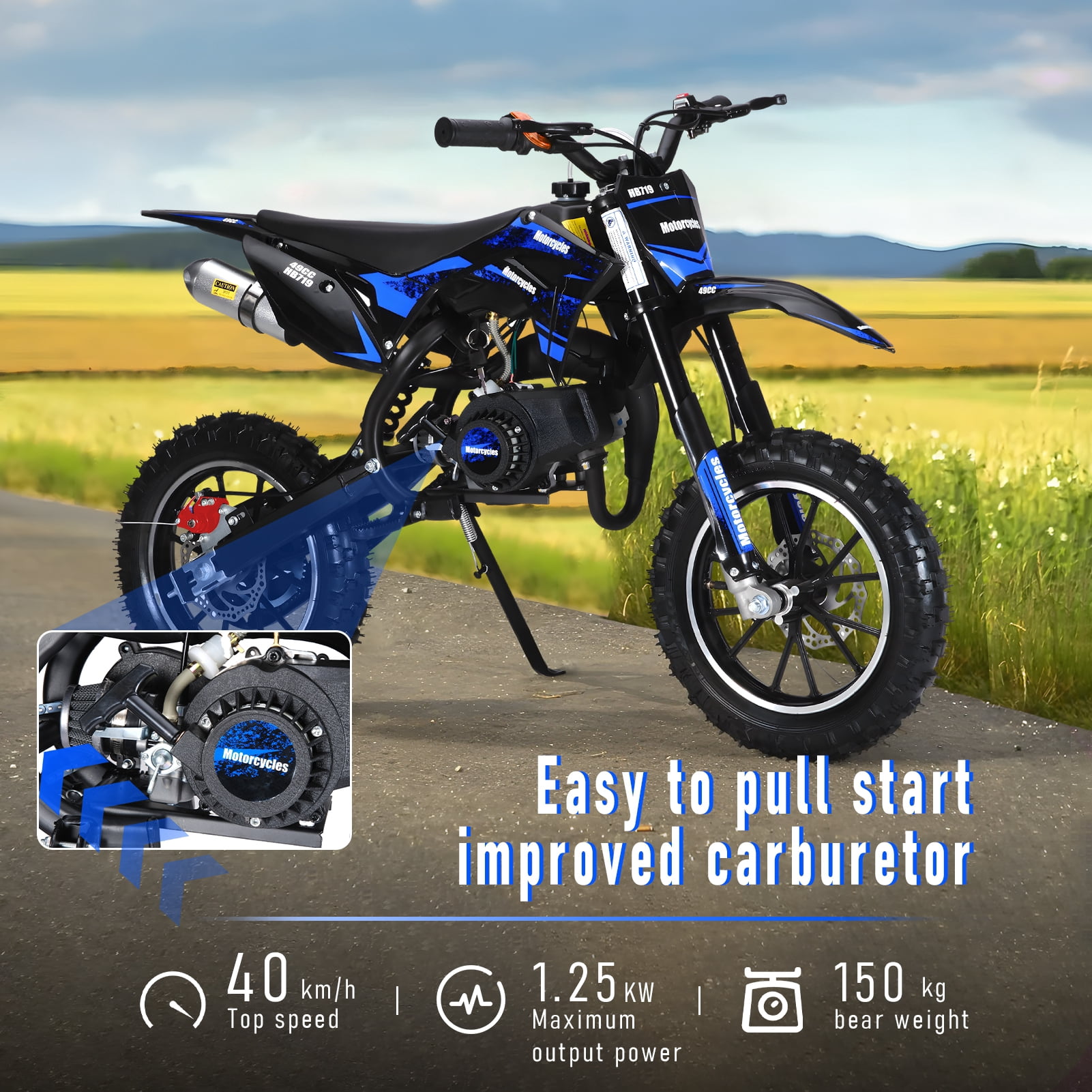 Yedigre Mini Kid Dirt Bike, 49CC 2-Stroke Gas Powered Motorcycle, Up to 25 Mph, Max Load 330 LBS, for Children Aged 3 to 12