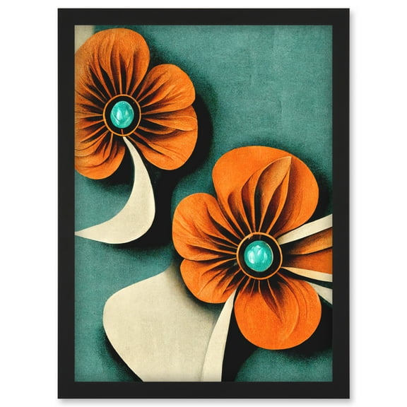 Abstract Papercut Orange And Cream Flowers On Teal Artwork Framed Wall Art Print A4