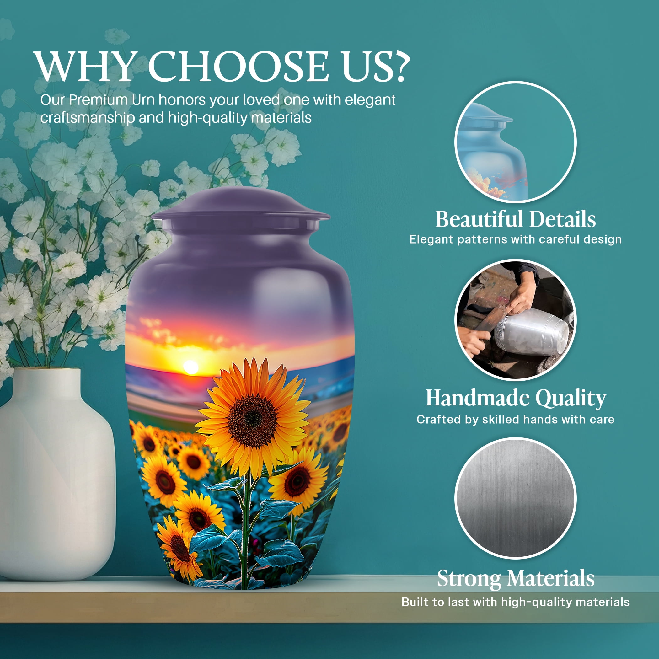 SABURIAL Sunflower Urn - Memorial Urn for Human Ashes - Combo 1 - Large with 3 Inch Pack of 1 - Human Remains for Mom & Dad - Decorative Urns for Adult - Burial Urns