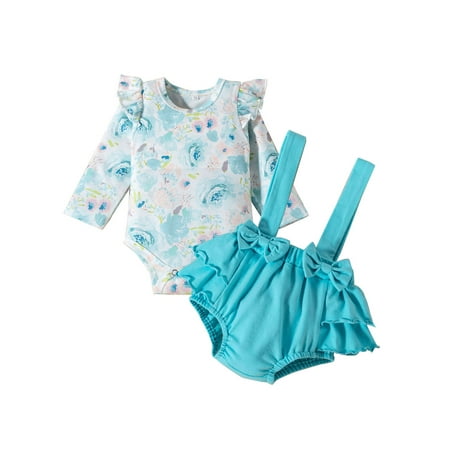 

Sunisery Autumn Baby Girls Clothes Sets Flowers Printed Long Fly Sleeve Romper+Solid Bowknot Overalls Shorts Light Blue 0-3 Months