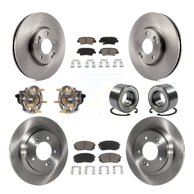 Transit Auto Front Rear Wheel Hub Bearings Assembly Disc Brake Rotors and Ceramic Pads Kit (10Pc) for Car Kia Soul EV - Left Right Side (Driver Passenger) KBB-117352