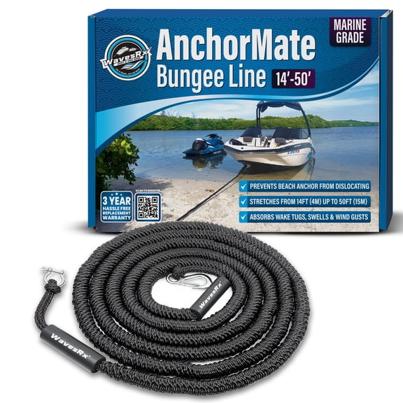 WAVESRX 14'-50' AnchorMate Bungee Line | Safer Anchoring for Boats & Pontoons | Elastic Rope Extends to Absorb Wake Tugs and Keep Anchor from Dislocating