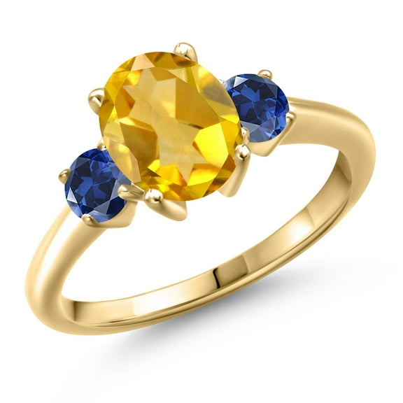 Gem Stone King 18K Yellow Gold Plated Silver Yellow Citrine and Blue Created Sapphire Engagement Ring for Women | 2.00 Cttw | Oval 9X7MM | Gemstone November Birthstone | Size 5