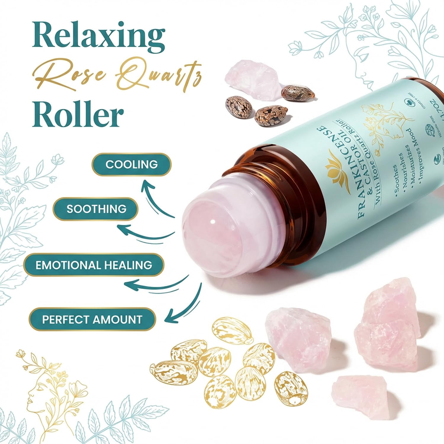 Castor Oil and Frankincense Roll On – Rose Quartz Roller Bottle, Organic Cold Pressed Castor Oil for Eyebrows, Face & Neck – Firms Skin, Feels Soft & Smooth, Brightens Eyes (1PCS)