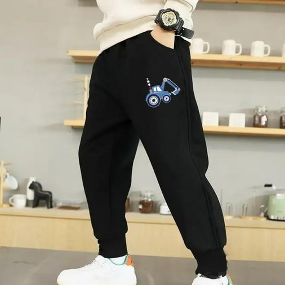 Eltusu Boys Cotton Sweatpants, Elastic Bottom Elastic Waist Sports Printed Jogger Pants Black Size 7 T