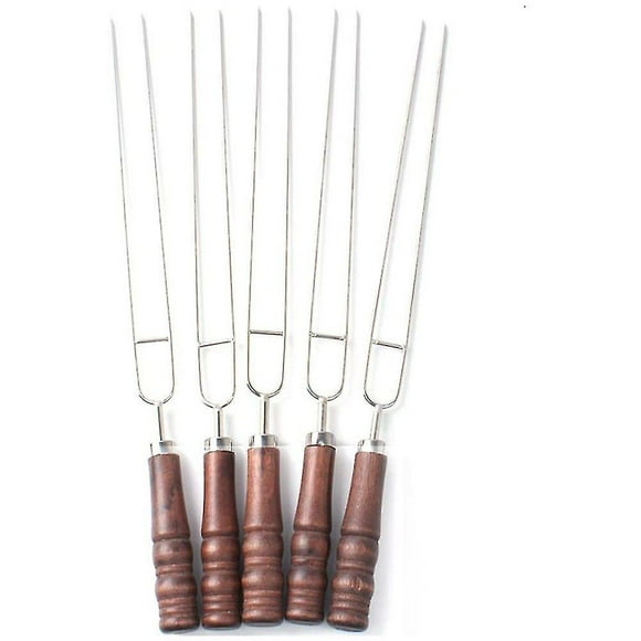 Grill Stand Skewers Set, Stainless Steel Grill Fork Double Skewers Sausage Fork With Solid Wood Handle For Marshmallows Campfire Grill