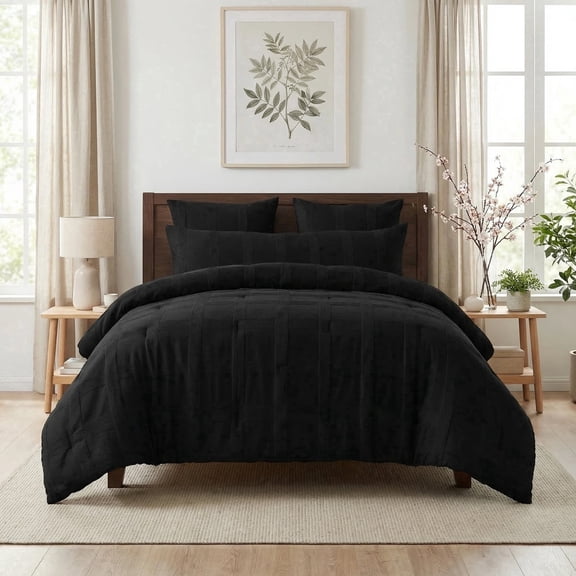 Regency Heights Full/Queen Size Comforter Set – Black Striped Woven Bedding, 4-Piece Bed set with Body Pillow Sham, Machine Washable for All Seasons