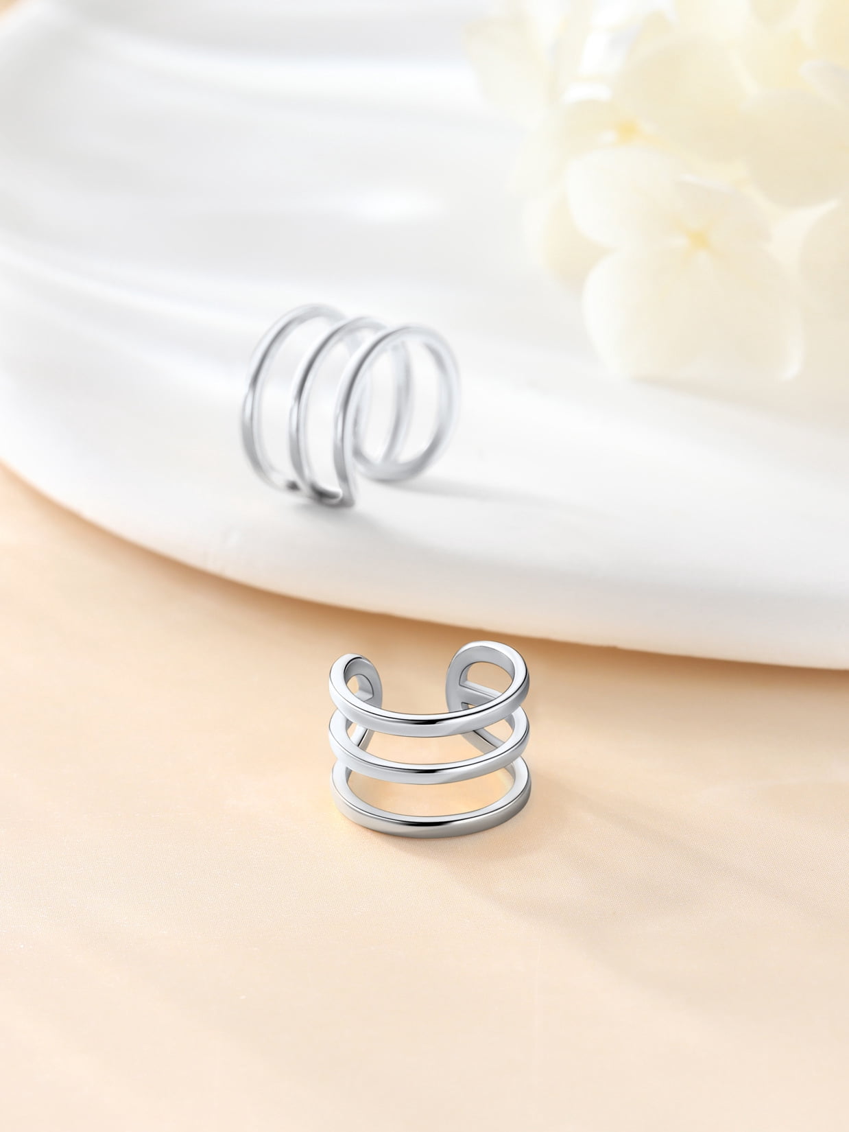 Suplight 925 Sterling Silver White Gold Plated Ear Cuffs Earrings, Three Layer Smooth-Surface Huggie Clip On Cartilage Earrings for Women