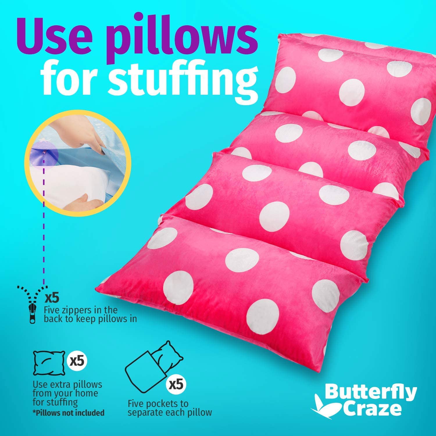 Great for SLEEPOVERS Slumber Parties Butterfly Craze Girls Floor Lounger Seats Cover and Pillow Cover Made of Super Soft Luxurious Premium Plush Fabric Perfect Reading and Watching TV Cushion 